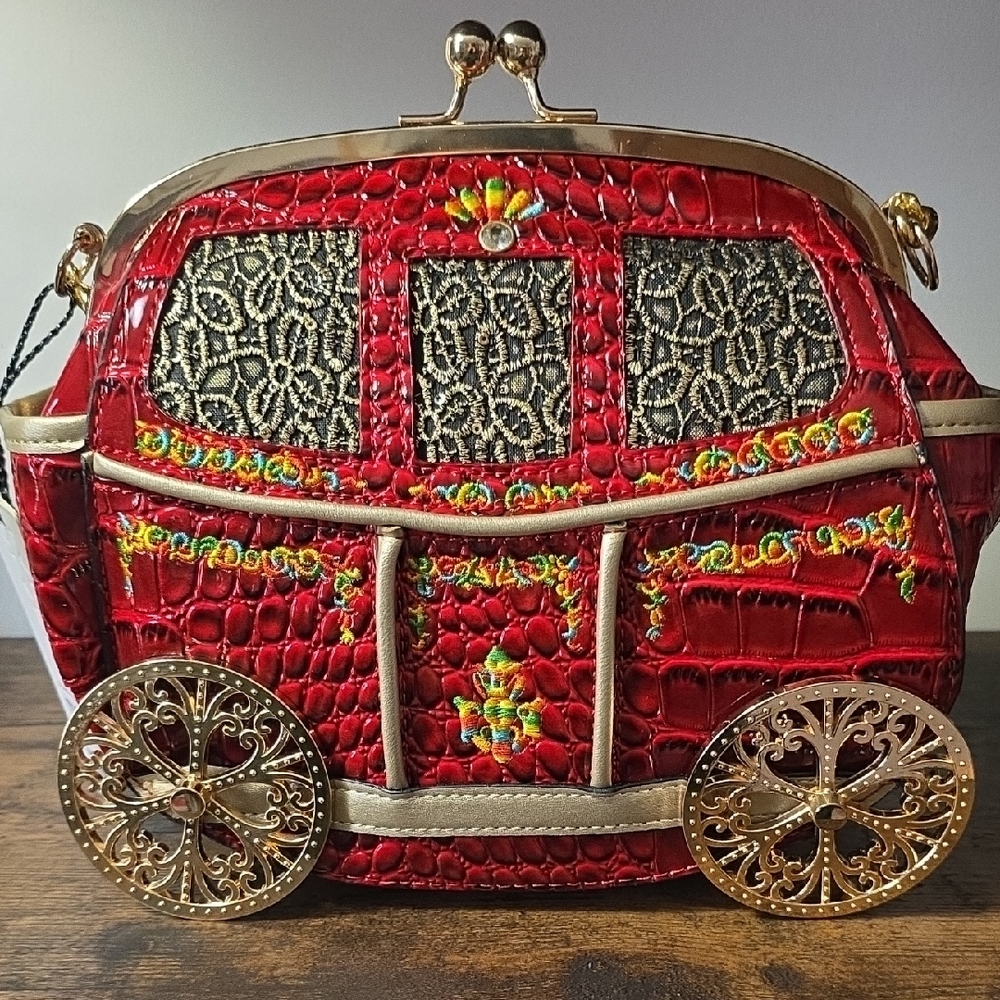 BNWT Elegant Red Embroidered Carriage Handbag.